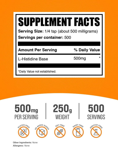 BulkSupplements.com L-Histidina en Polvo - Base de L-Histidina, 500 mg por Ración, 250 g – Image 2