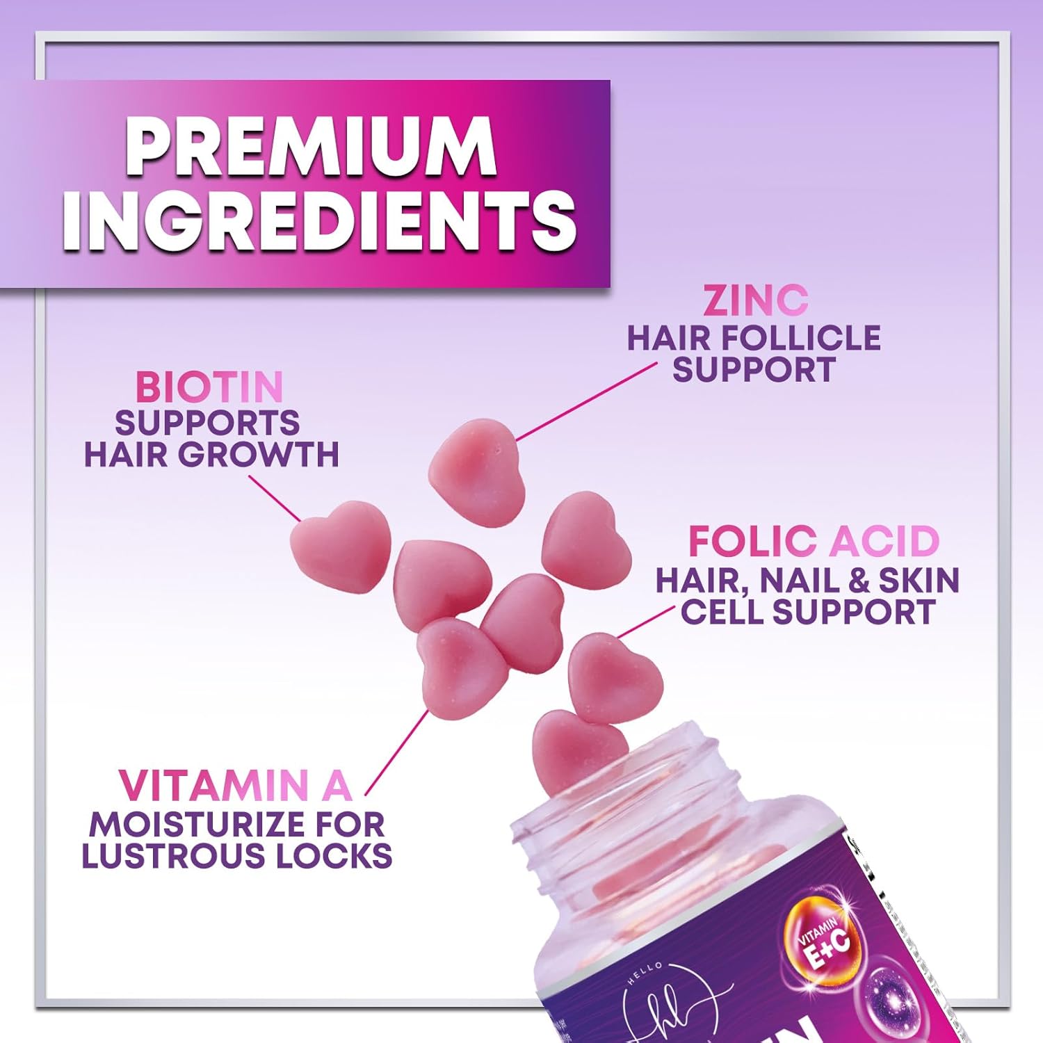 Gominolas de Biotina 5000 mcg con Vitaminas E y C para Cabello, Piel y Uñas - Hello Lovely! (120 unidades)