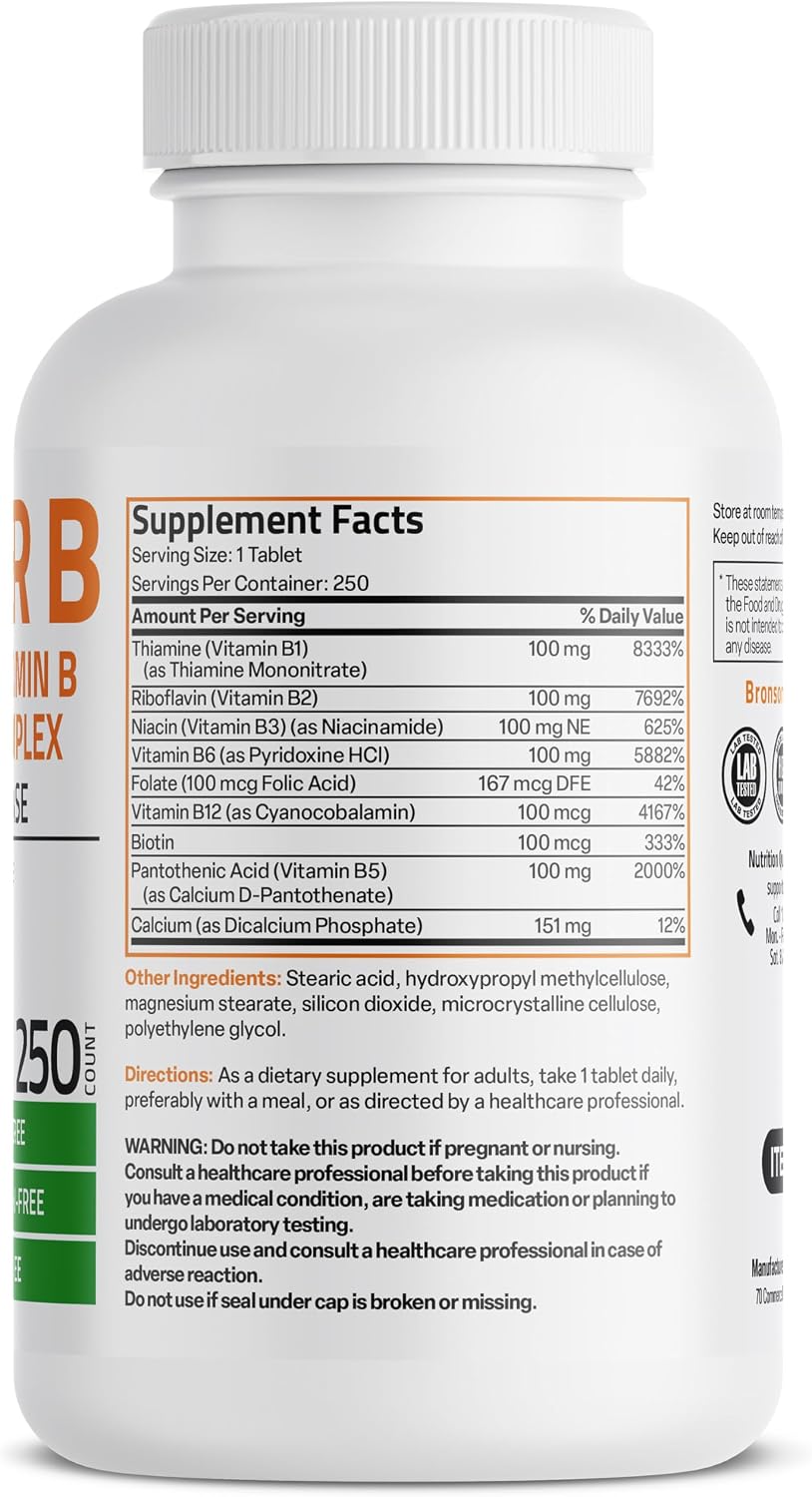 Bronson Super B 100 Complete B Complex with Sustained Release - 250 Tablets