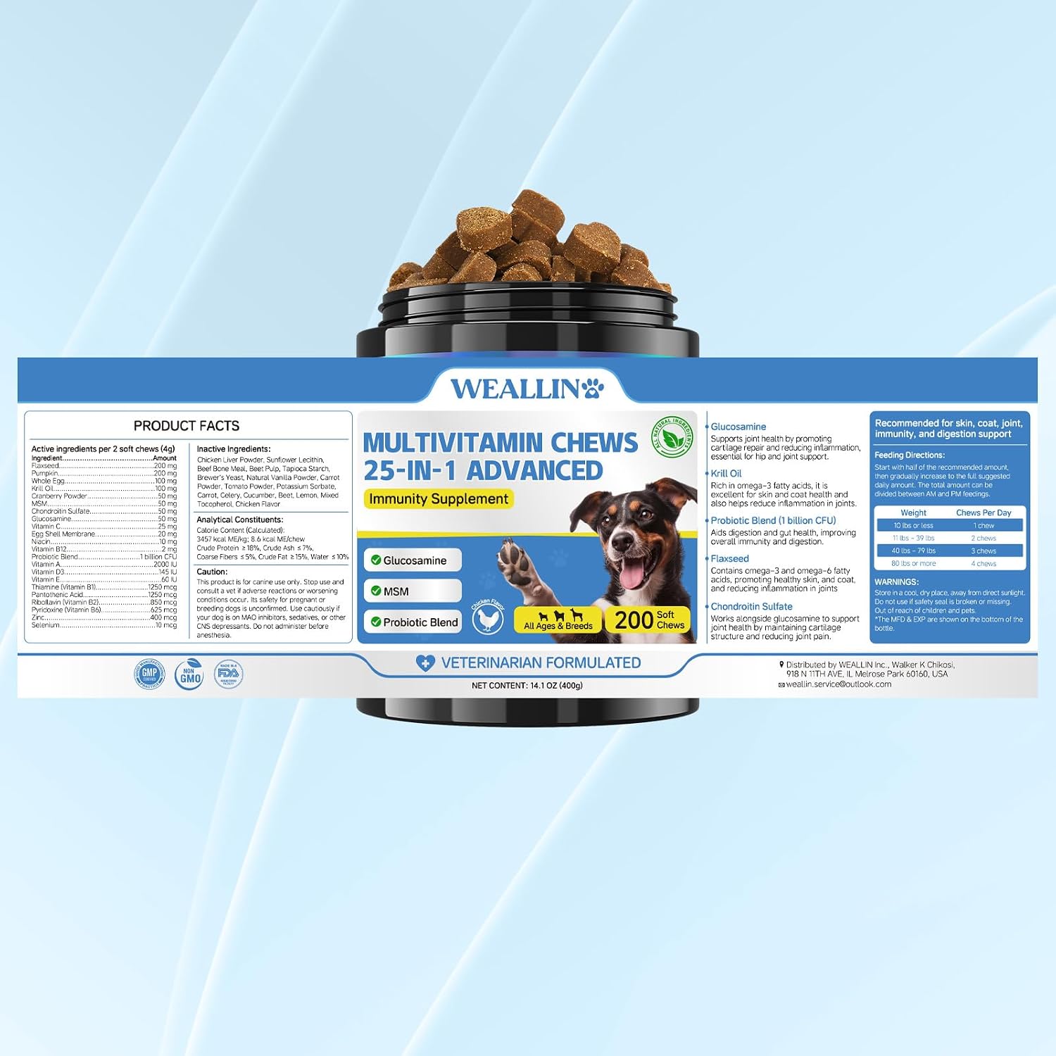 Multivitamínico para Perros 25 en 1 con Glucosamina, Probióticos y Omega-3 – 200 Comprimidos Masticables