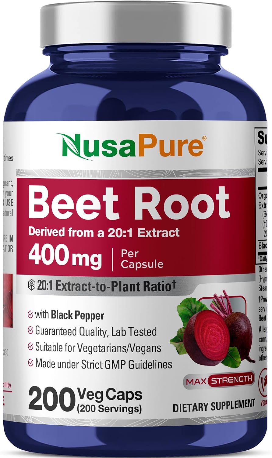 NusaPure Raíz de Remolacha Orgánica, 400 mg, 200 Cápsulas Vegetales (Vegano, Sin OGM)