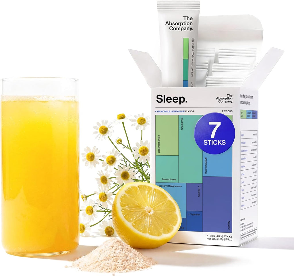 The Absorption Company Polvo para Dormir sin Melatonina - Calmante con Azafrán Liposomal, Magnesio y PharmaGABA, Sabor Limonada de Manzanilla, 7 sticks