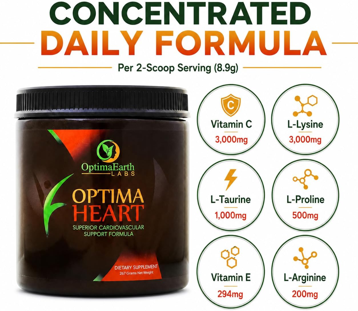 Optima Heart - Vitamina C y L-Lisina en Polvo de Alta Dosis (3.000 mg cada una, 30 raciones)