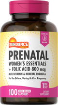 Sundance Prenatal Multivitamin | con Ácido Fólico | 100 Cápsulas de Liberación Rápida | 800 mcg | No GMO, Sin Gluten