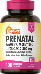 Sundance Prenatal Multivitamin | con Ácido Fólico | 100 Cápsulas de Liberación Rápida | 800 mcg | No GMO, Sin Gluten