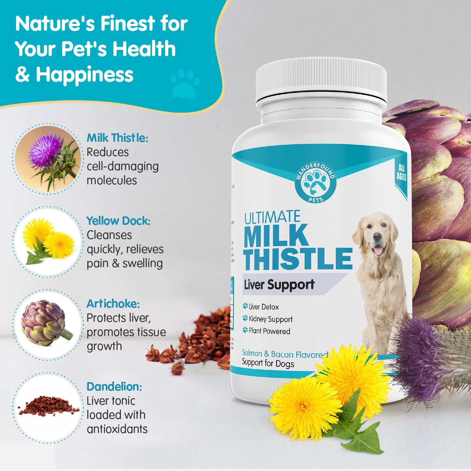 Wanderfound Pets Cardo Mariano para Perros – Sabor Salmón y Bacon – 100 Comprimidos Masticables