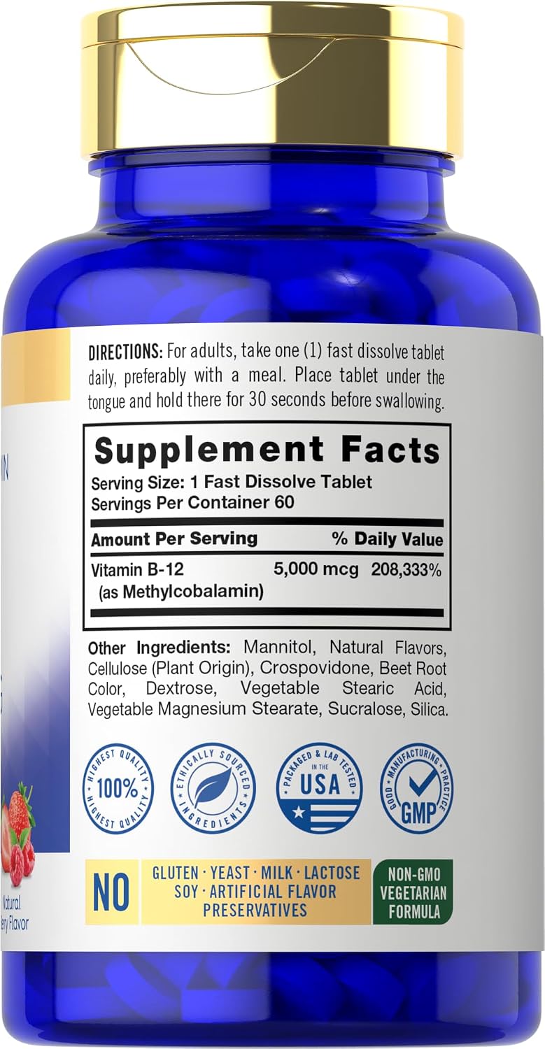 Carlyle Metilcobalamina Vitamina B12 5000mcg | 60 Comprimidos de Disolución Rápida | para Adultos | Vegetariano, Sin Gluten y No-GMO