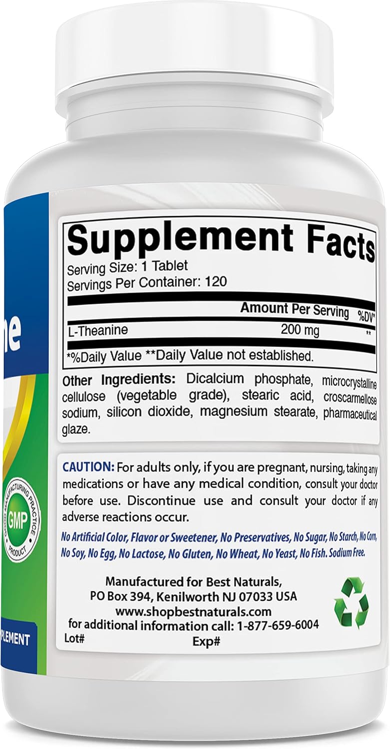 Best Naturals L-Teanina 200 mg | Relajación sin Somnolencia | 120 Comprimidos Vegetarianos (Paquete de 2)