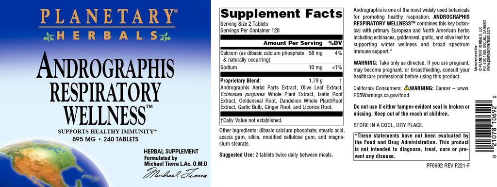 Planetary Herbals Andrographis Bienestar Respiratorio 895mg, 240 Comprimidos