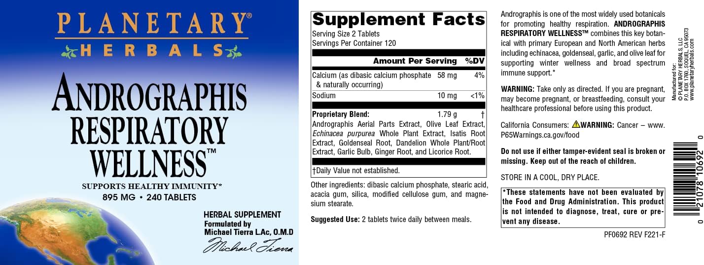 Planetary Herbals Andrographis Bienestar Respiratorio 895mg, 240 Comprimidos