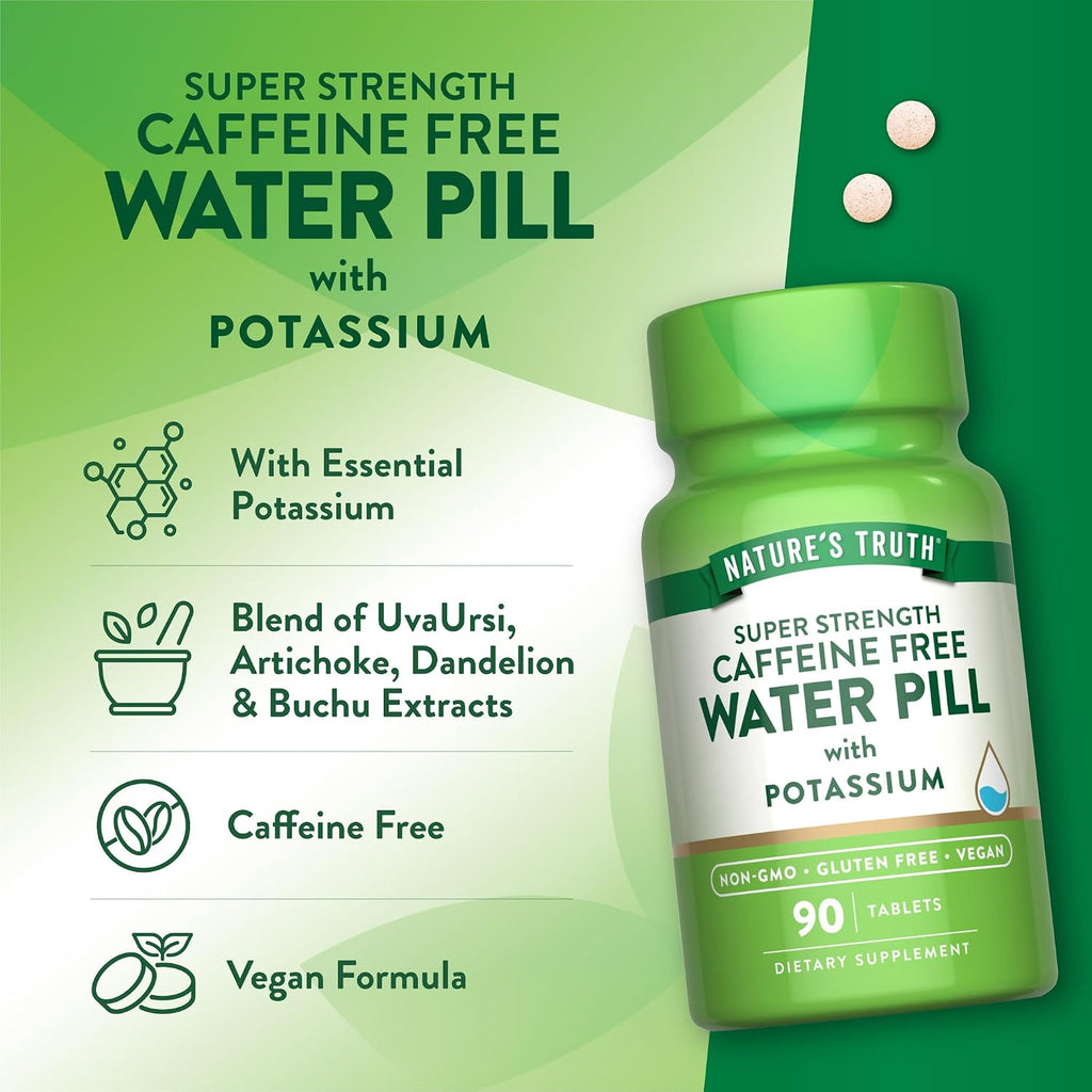 Nature's Truth Super Strength Water Pill con Potasio (90 comprimidos) - Vegano, Sin Gluten