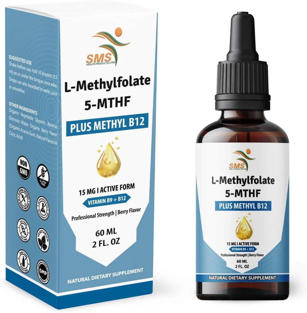 L-Methylfolate 15mg + Methyl B12 Gotas Líquidas Sublinguales, Alta Potencia, 5-MTHF Activo y B12 Bioactivo, Sabor a Baya (60ml)