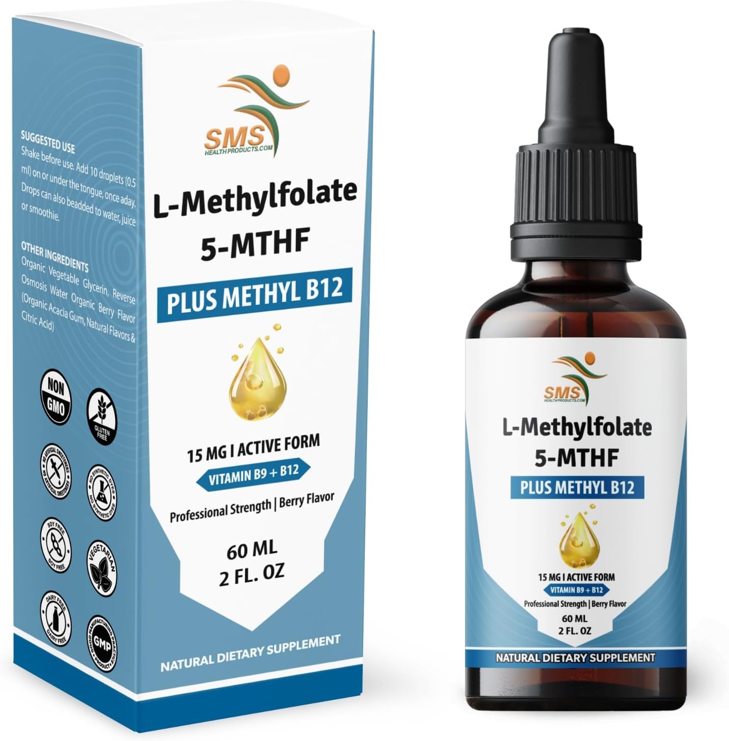 L-Methylfolate 15mg + Methyl B12 Gotas Líquidas Sublinguales, Alta Potencia, 5-MTHF Activo y B12 Bioactivo, Sabor a Baya (60ml)