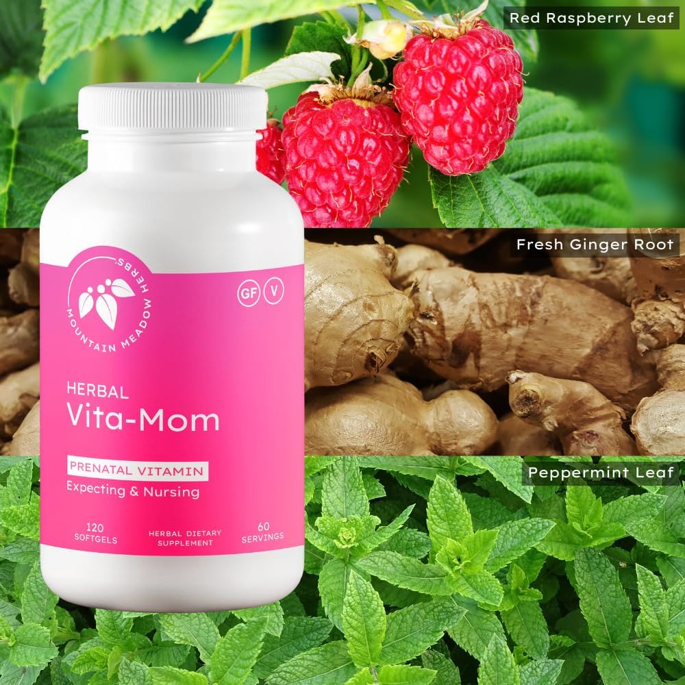 Mountain Meadow Herbal Vita-MOM Vitaminas Prenatales - Suplemento con 5-MTHF Folato, Hierro, Multivitaminas y Hierbas Orgánicas - 120 Cápsulas Blandas (2 Meses)