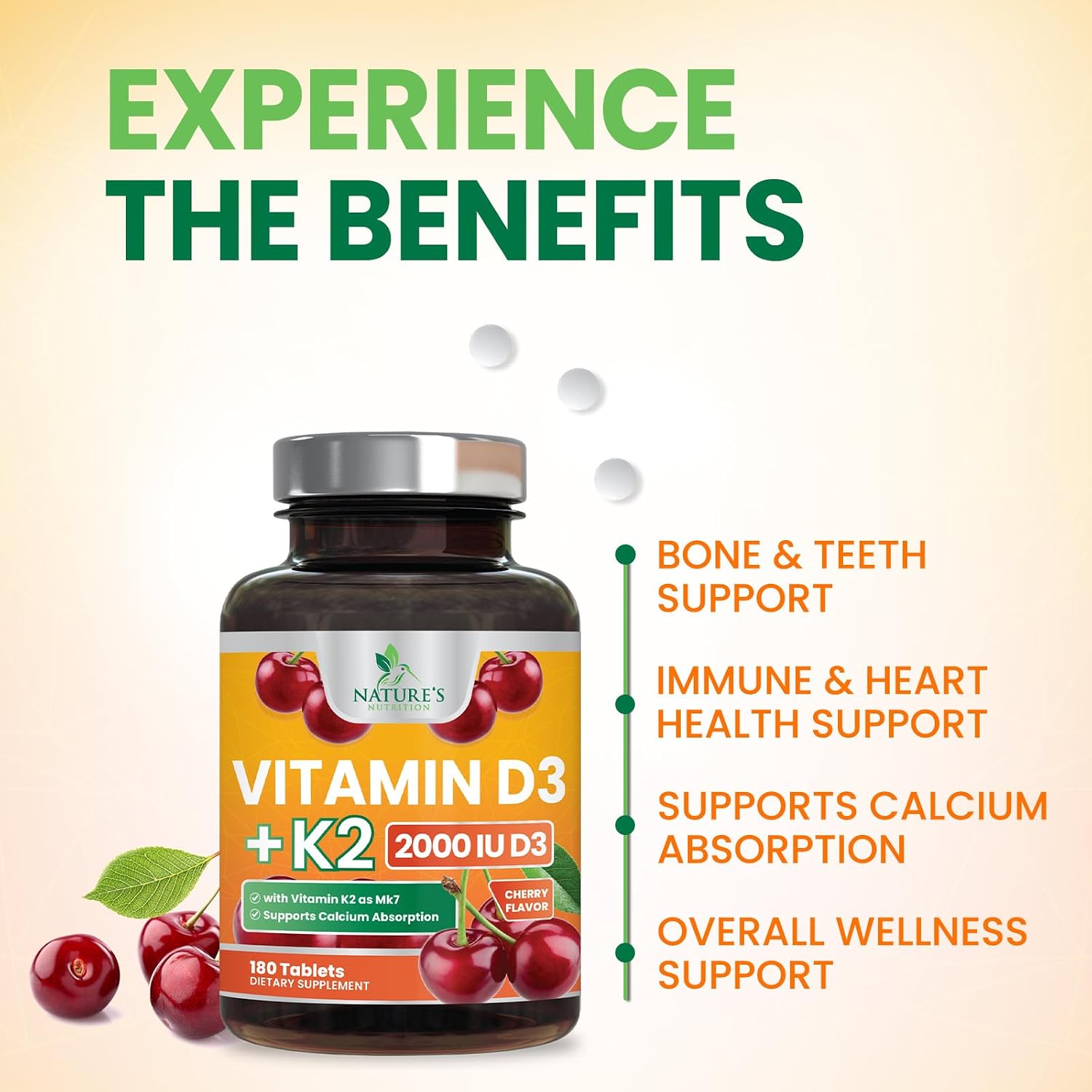 Vitamina D3 y K2 2000 UI MK-7, 180 comprimidos masticables sabor a bayas - Nature's Nutrition