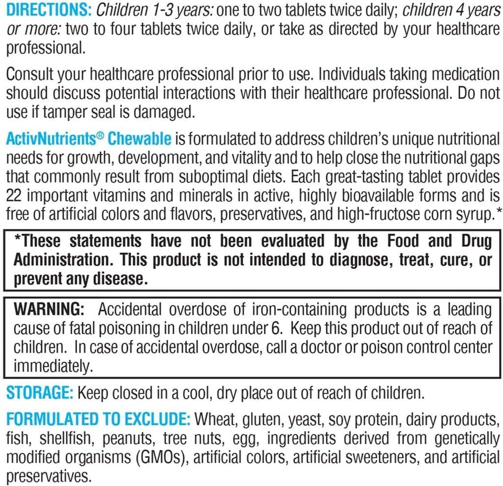 XYMOGEN ActivNutrients Chewable - Multivitamínico Infantil para el Bienestar - Antioxidantes y Micronutrición - Sin OGM ni Gluten - Sabor a Frutos Rojos - 120 Comprimidos