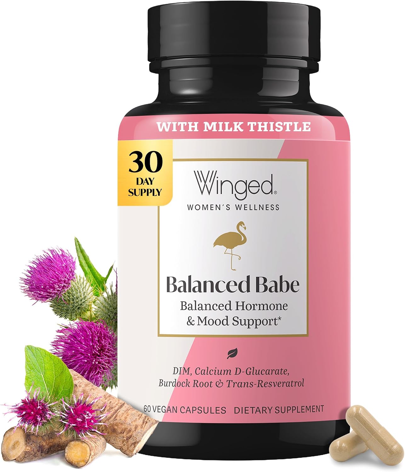 Winged Wellness Balanced Babe - Suplemento de equilibrio hormonal para mujeres con DIM y cardo mariano - 60 cápsulas