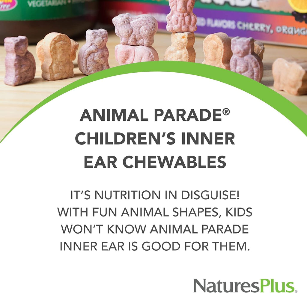 NaturesPlus Animal Parade Inner Ear Support · Probiótico Infantil Masticable · 90 Comprimidos con Sabor a Cereza