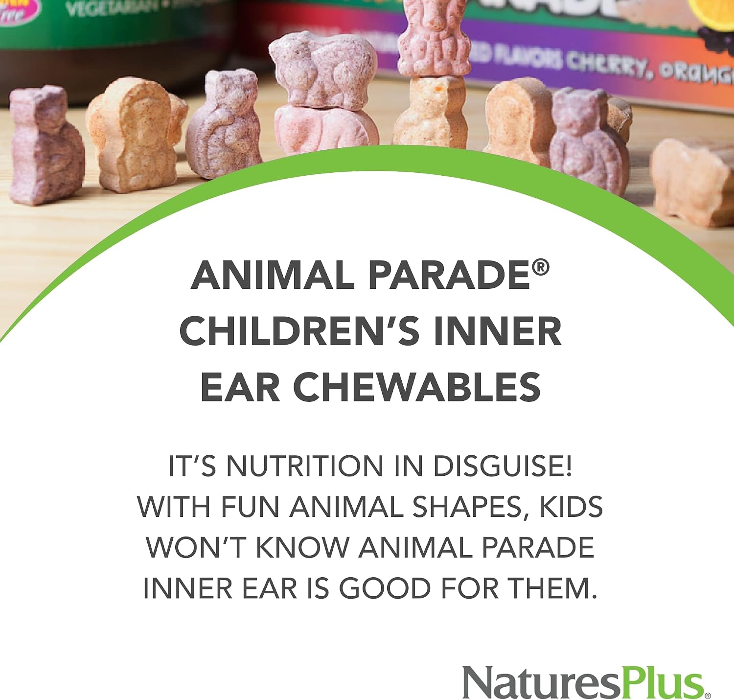 NaturesPlus Animal Parade Inner Ear Support · Probiótico Infantil Masticable · 90 Comprimidos con Sabor a Cereza