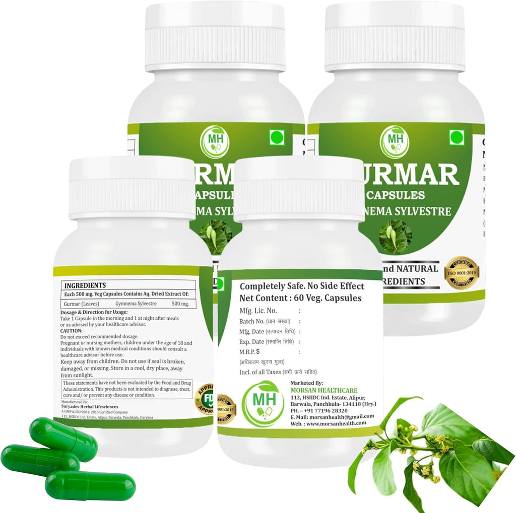 Gurmar (Gymnema sylvestre) Cápsulas 500mg | 240 Cápsulas Veganas | Extracto Natural del Himalaya | Pack de 4