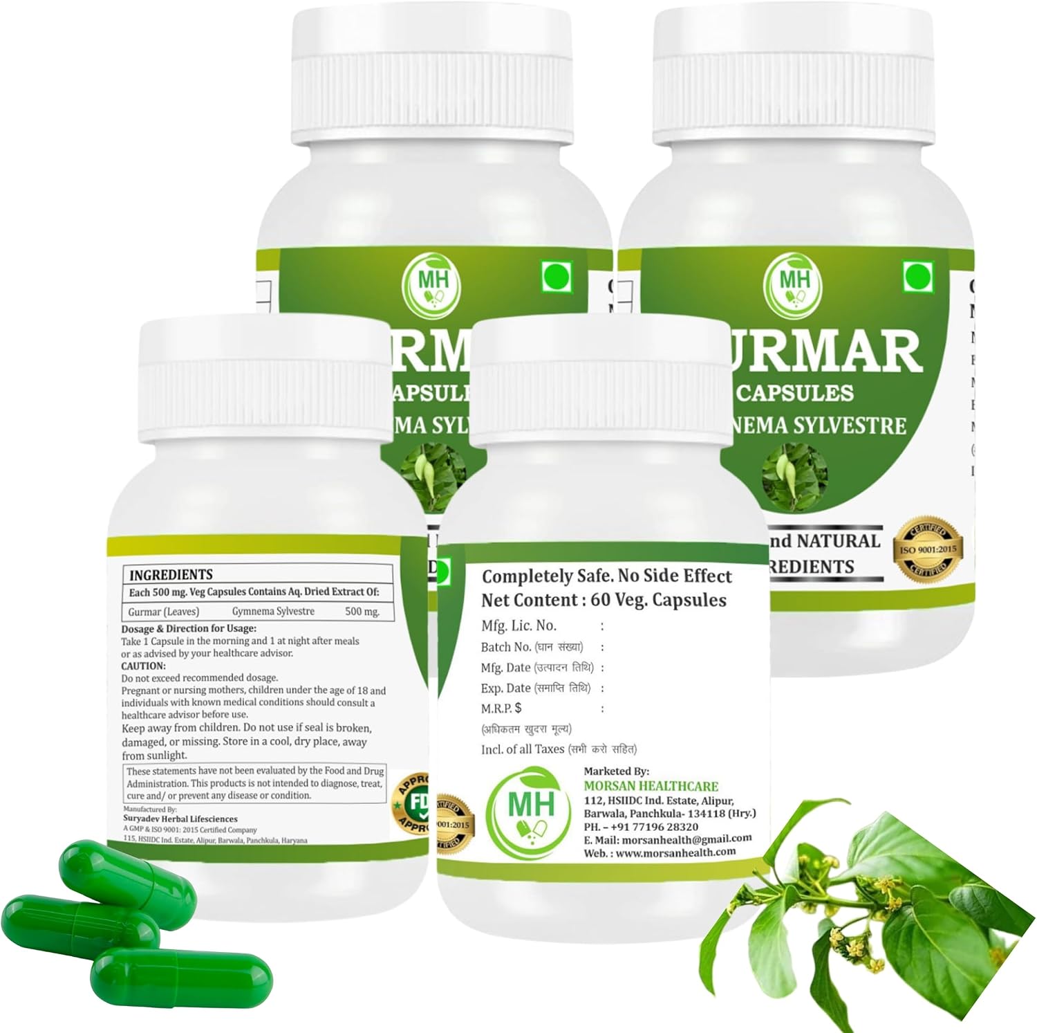 Gurmar (Gymnema sylvestre) Cápsulas 500mg | 240 Cápsulas Veganas | Extracto Natural del Himalaya | Pack de 4