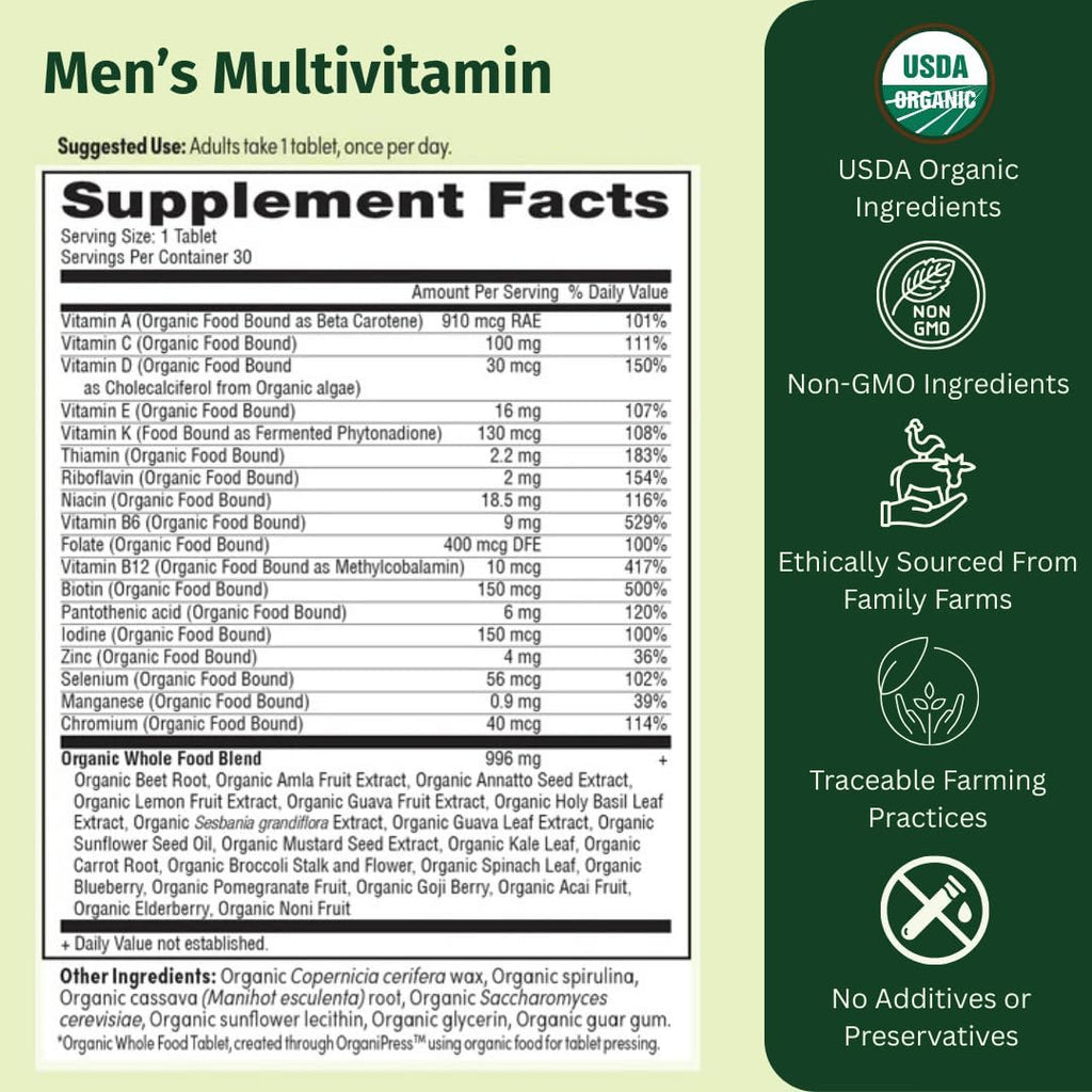 EarthFirst Organic Men's Multi Once Daily - Multivitamínico Orgánico para Hombres con 19 Vitaminas y Minerales - 30 Cápsulas