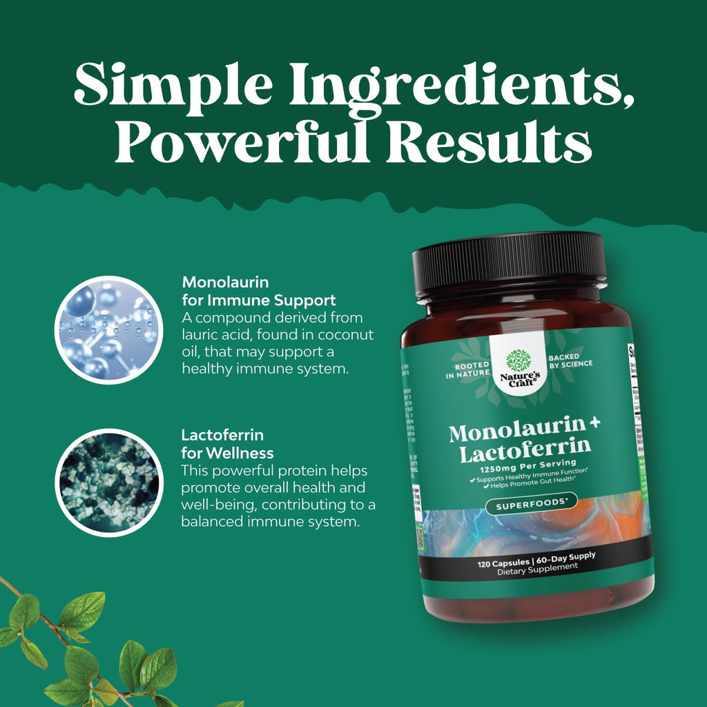 Suplemento de Lactoferrina y Monolaurina de Alta Potencia - 250mg Lactoferrina y 1000mg Monolaurina - 120 Cápsulas Vegetarianas