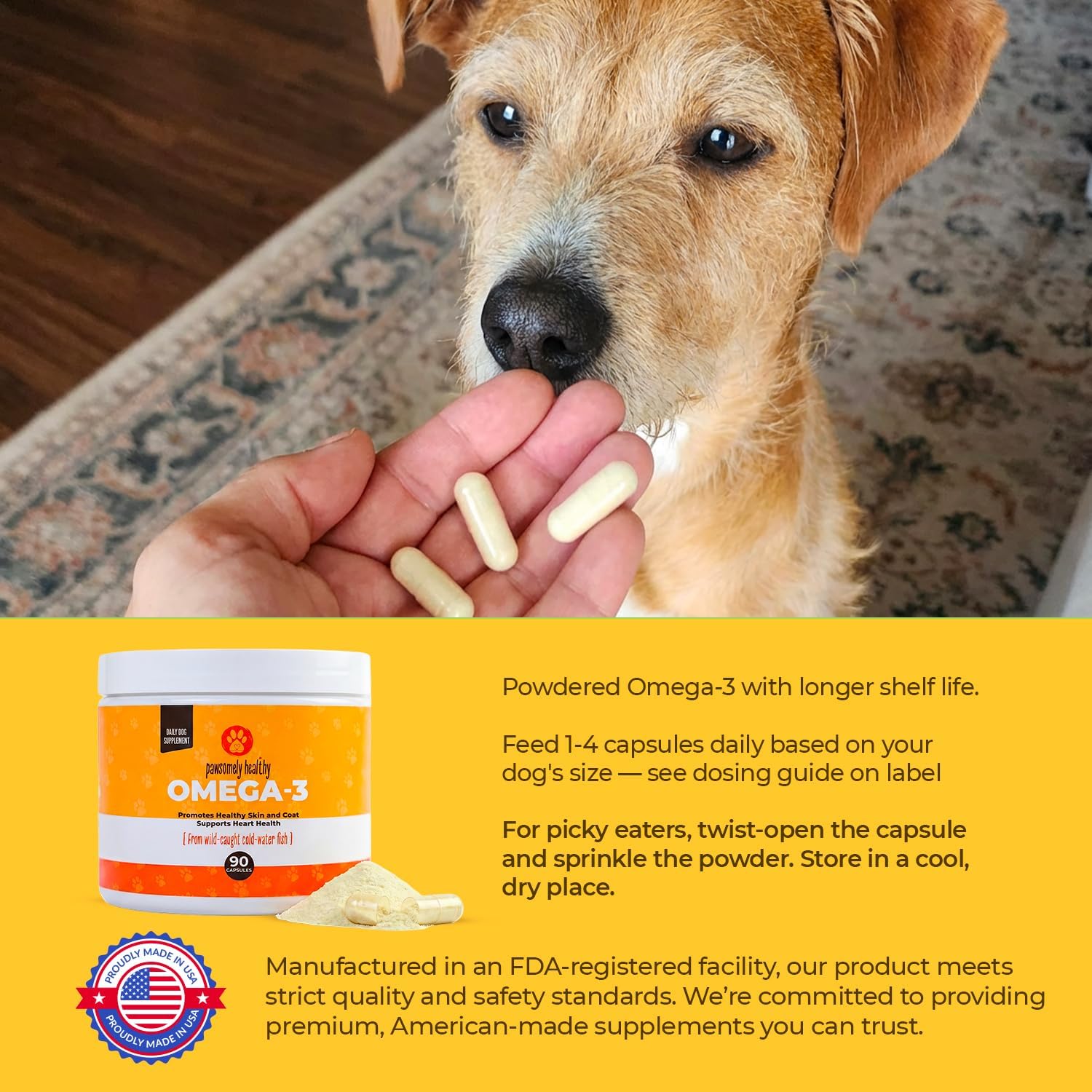 Pawsomely Healthy Omega-3 para Perros – Aceite de Anchoa Salvaje en Cápsulas – 90 uds