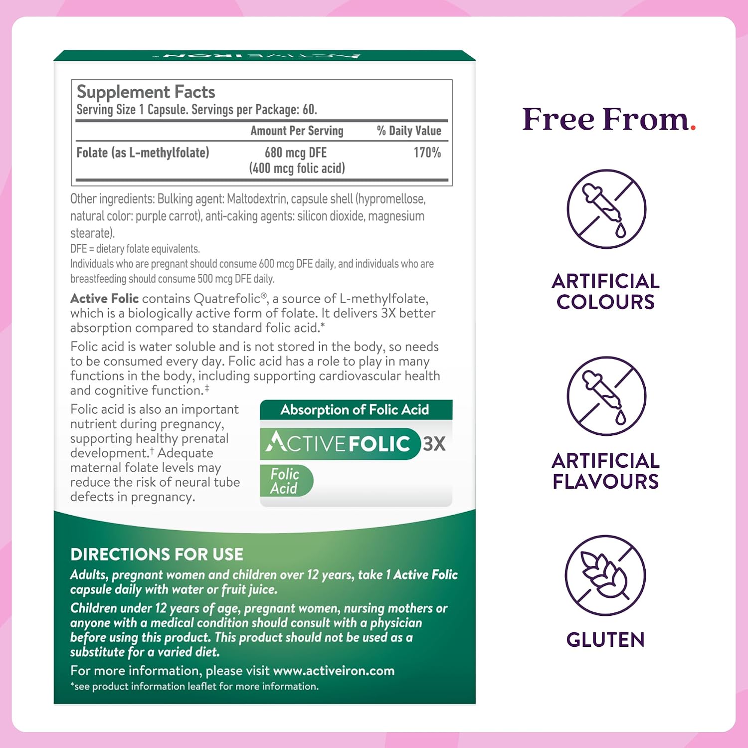 Active Folic Acid Supplement - Ácido Fólico Activo 400mcg, L-Metilfolato (Quatrefolic), 60 Cápsulas