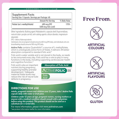 Active Folic Acid Supplement - Ácido Fólico Activo 400mcg, L-Metilfolato (Quatrefolic), 60 Cápsulas
