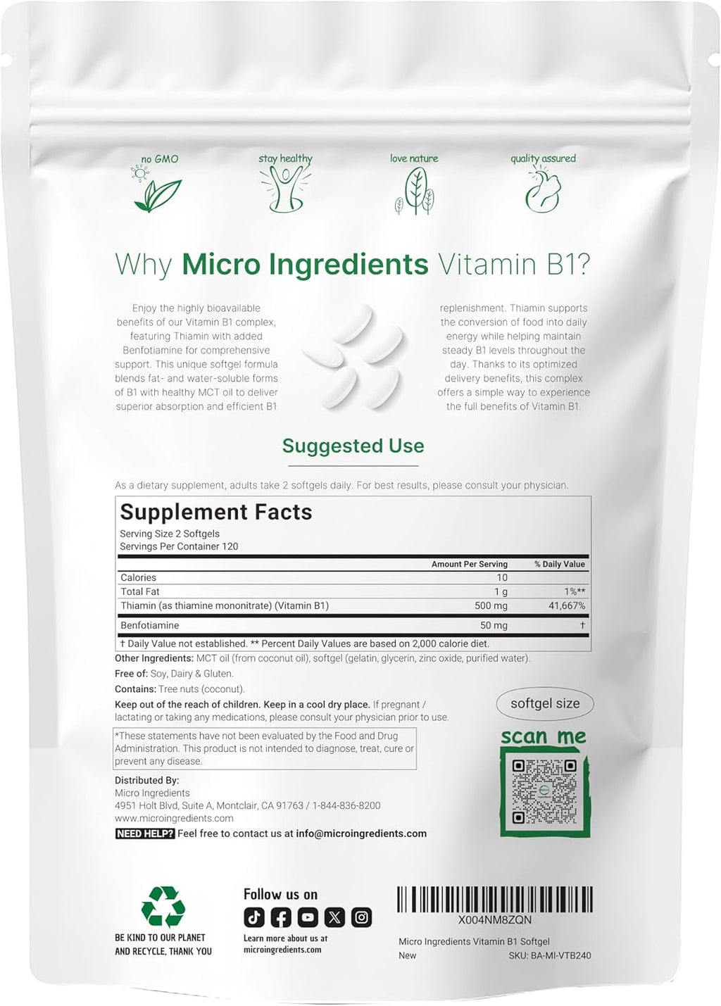 Micro Ingredients Vitamina B1 Tiamina 500mg con Benfotiamina y Aceite MCT, 240 Cápsulas Blandas | Suplemento Altamente Biodisponible para Energía y Sistema Nervioso* | No-GMO, Sin Soja