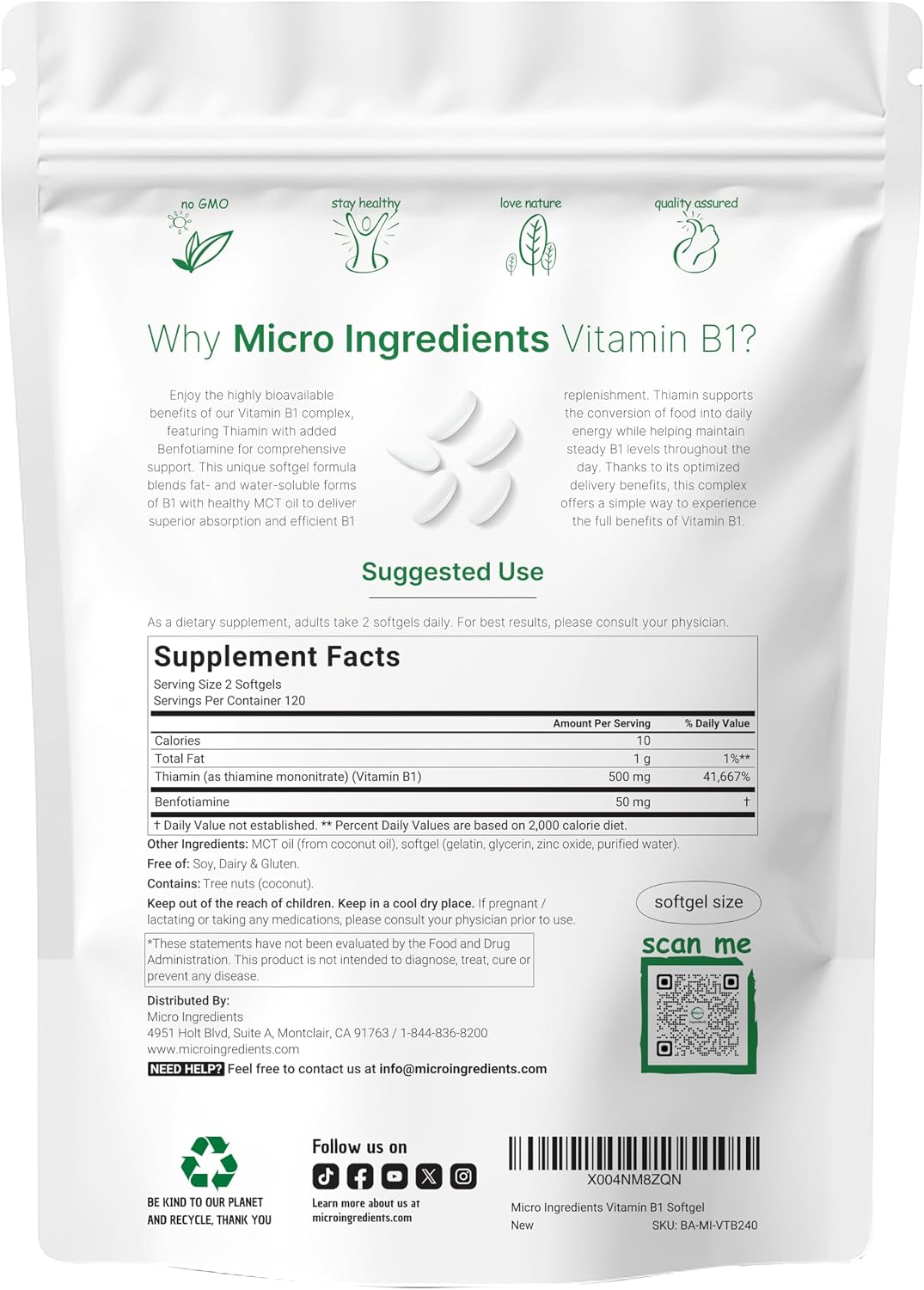Micro Ingredients Vitamina B1 Tiamina 500mg con Benfotiamina y Aceite MCT, 240 Cápsulas Blandas | Suplemento Altamente Biodisponible para Energía y Sistema Nervioso* | No-GMO, Sin Soja