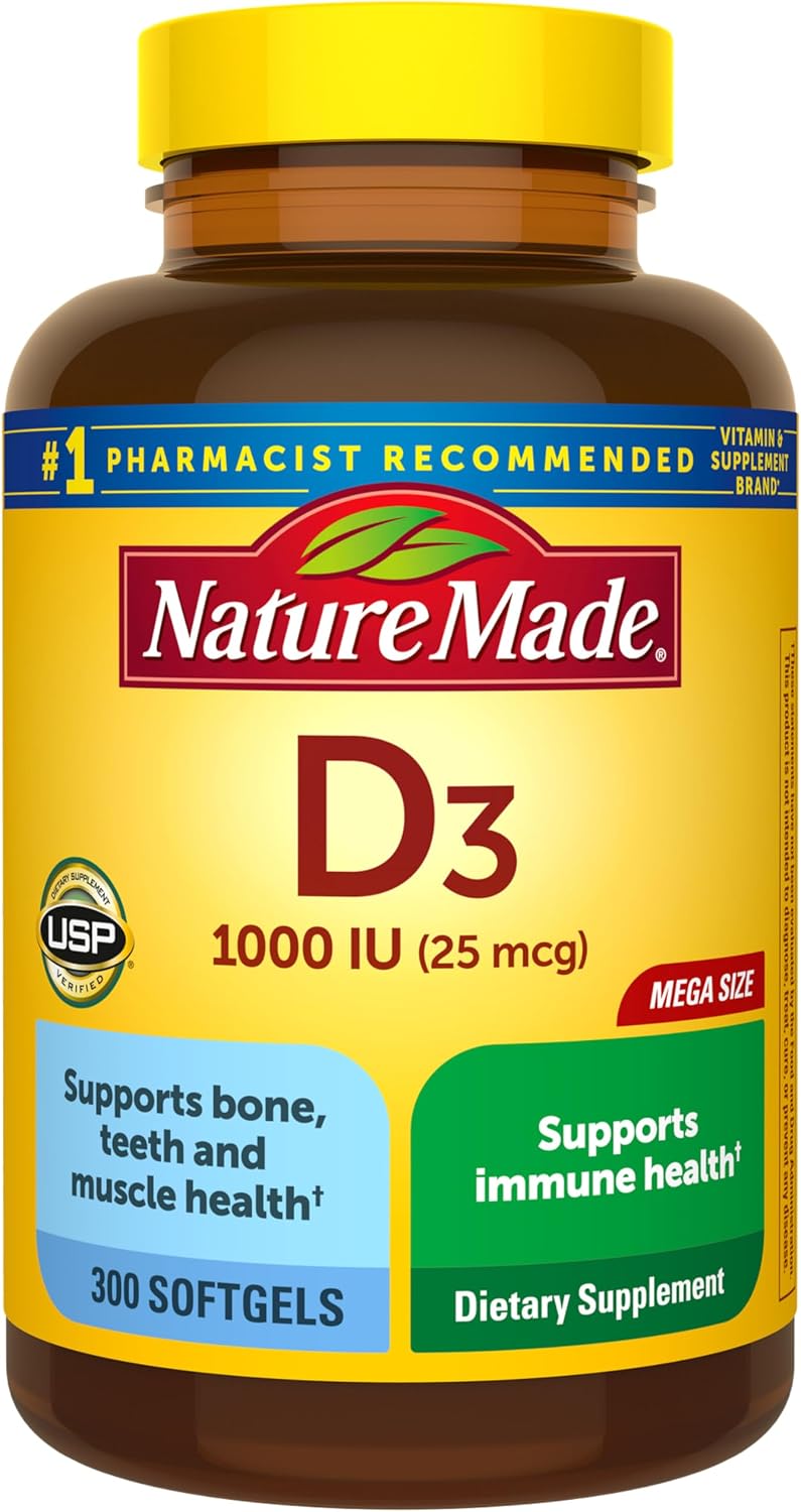 Nature Made Vitamin D3 1000 IU (25 mcg) - Supplement for Bone, Teeth, Muscle & Immune System Support - 100 Softgels