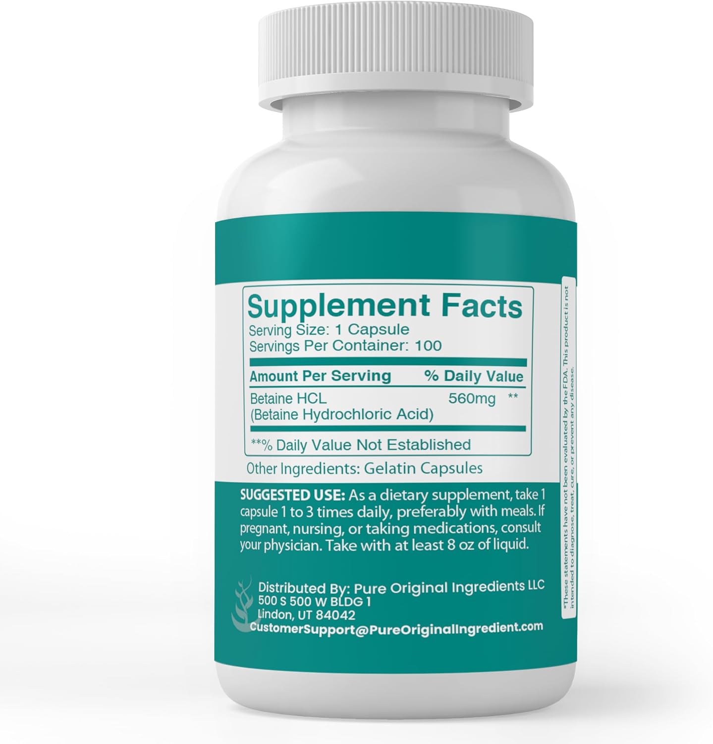 PURE ORIGINAL INGREDIENTS Betaine HCL, 100 Cápsulas - Puro, Sin Aditivos