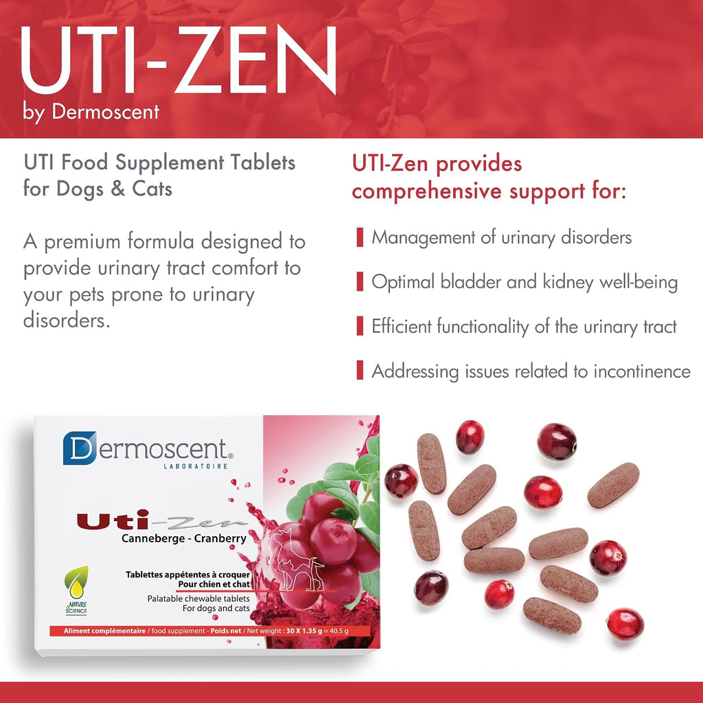 Dermoscent UTI-Zen Cranberry Comprimidos para Perros y Gatos - Suplemento Alimenticio para la Salud de la Vejiga, Riñones y Tracto Urinario - Sabor a Pollo - 30 Comprimidos