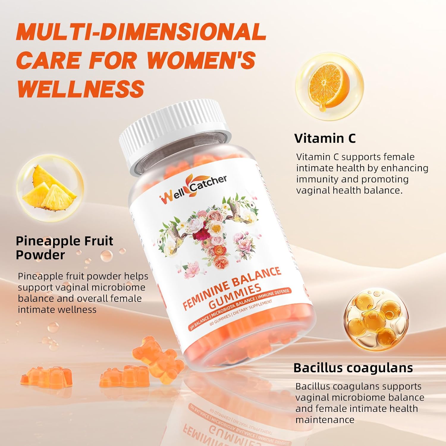 Wellcatcher Gominolas Premium de Equilibrio Femenino - Probiótico de Piña Hawaiana para pH Vaginal e Inmunidad - 60 Gominuelas Veganas Sin Gluten Sin Azúcar