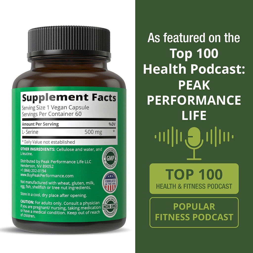 Peak Performance L-Serina 500 mg - 60 Cápsulas - Sin Gluten, No-GMO