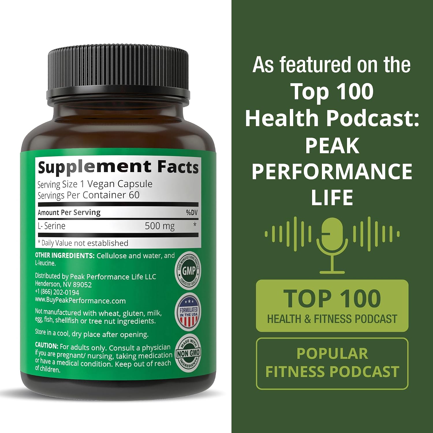 Peak Performance L-Serina 500 mg - 60 Cápsulas - Sin Gluten, No-GMO