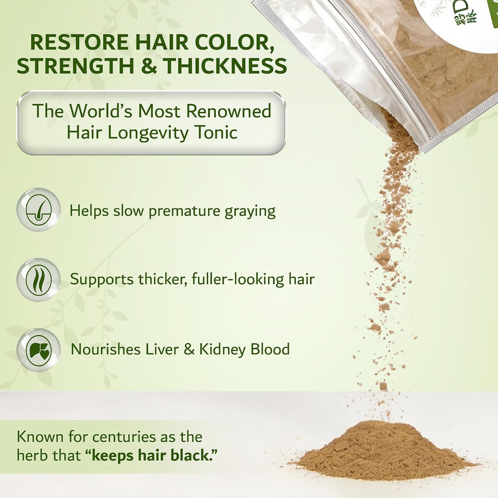 Polvo de He Shou Wu Orgánico Preparado (Raíz de Fo-Ti) - Tónico Tradicional de Frijol Negro para Cabello, Vitalidad y Jing - Polygonum Multiflorum Seguro y Potente (113g)