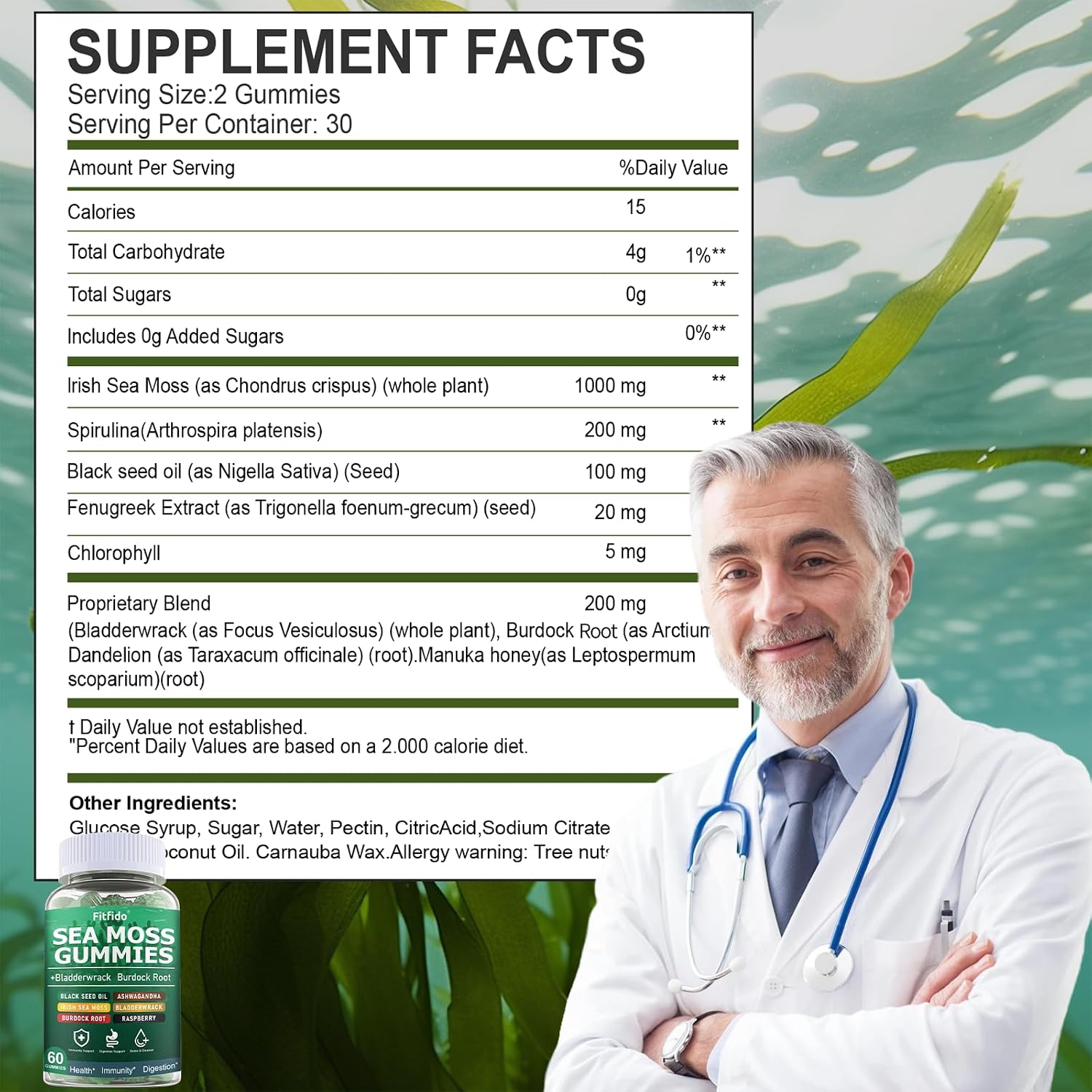 Fitfido Gominolas de Musgo de Mar Irlandés 3000mg con Bladderwrack, 60 unidades