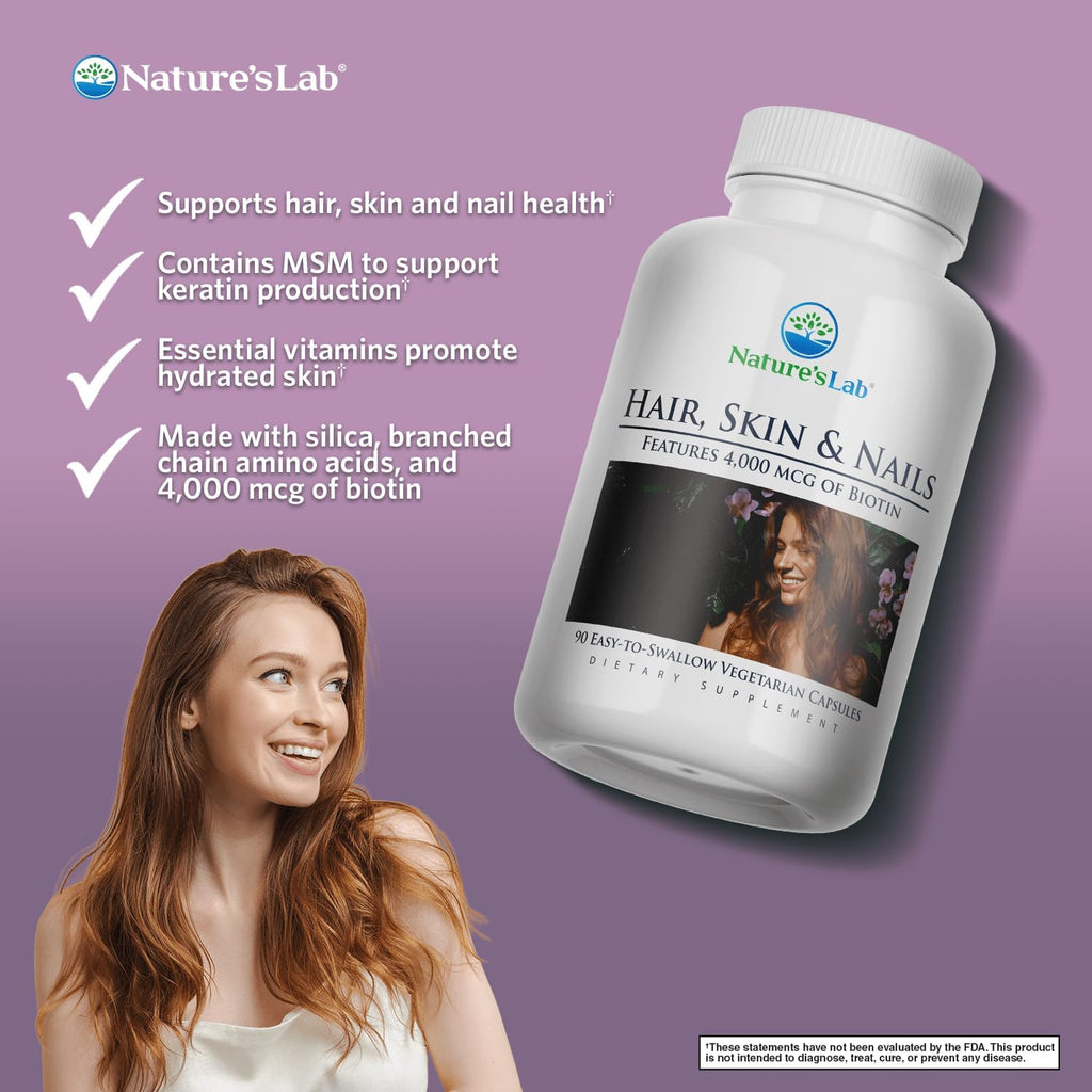 Nature's Lab Hair, Skin & Nails - Biotina, BCAA, MSM, Complejo vitamínico - 90 Cápsulas