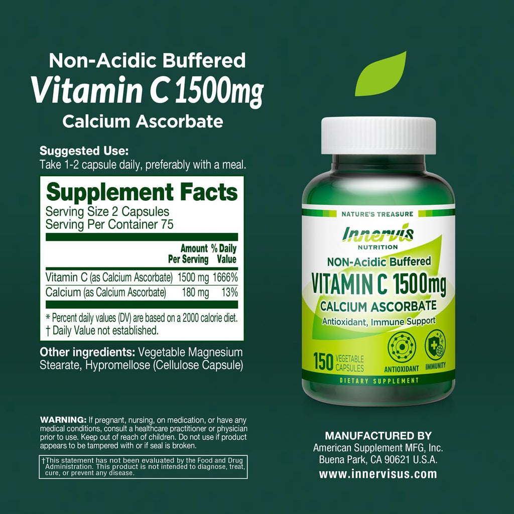Vitamina C Tamponada 1500 mg - Ascorbato de Calcio, No Ácida, Favorable para el Estómago - 150 Cápsulas Vegetales