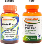 PHARMATECH Ácido Fólico 800 mcg + Hierro 27 mg, Suplemento Prenatal, 250 Cápsulas Blandas