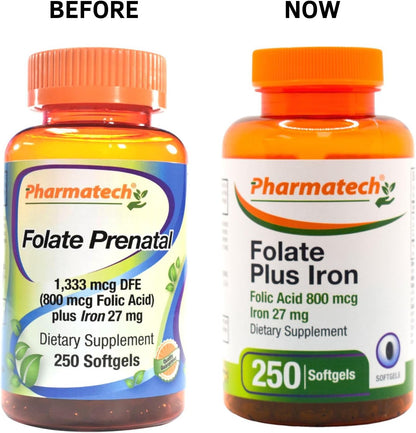 PHARMATECH Ácido Fólico 800 mcg + Hierro 27 – El ácido fólico contribuye a la síntesis normal de aminoácidos. – Image 2