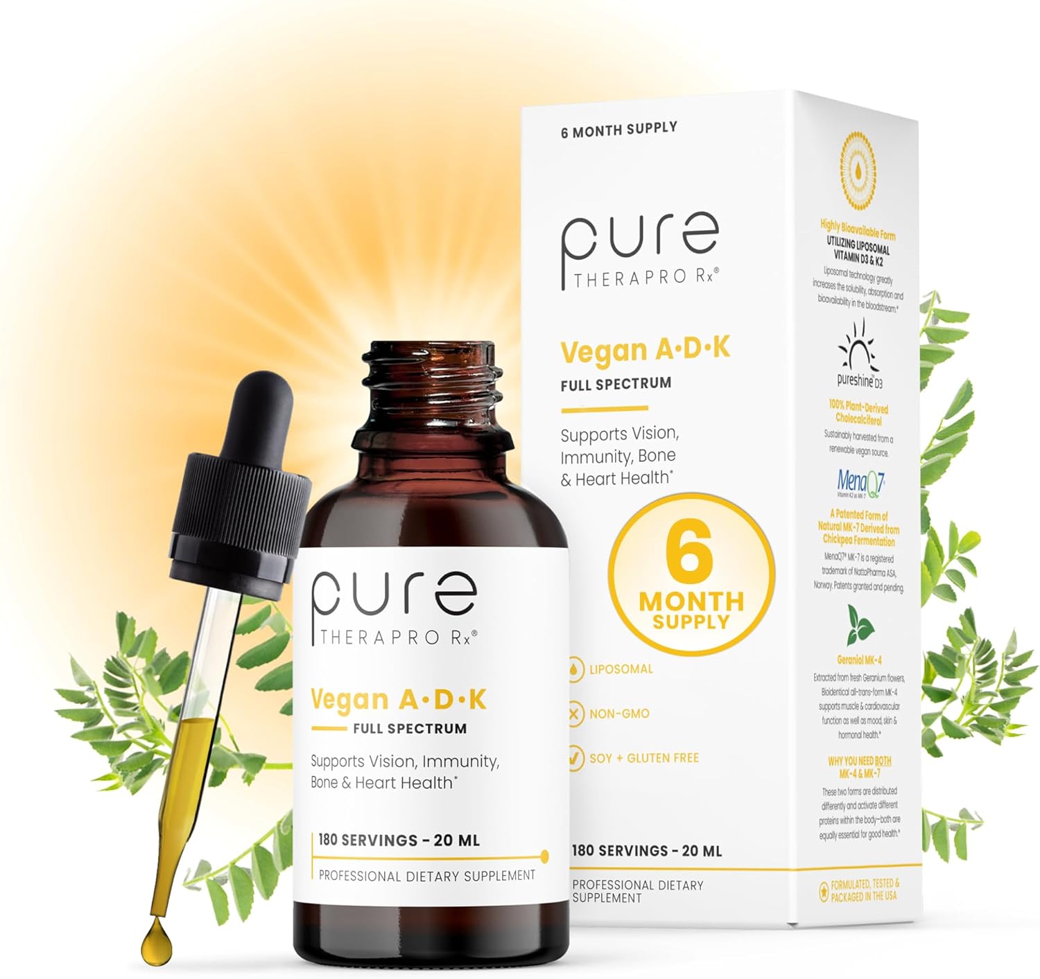 Pure Therapro Rx Vegan A-D-K Drops 10 ml - Complejo de Vitaminas A, D3 y K2 Liposomal