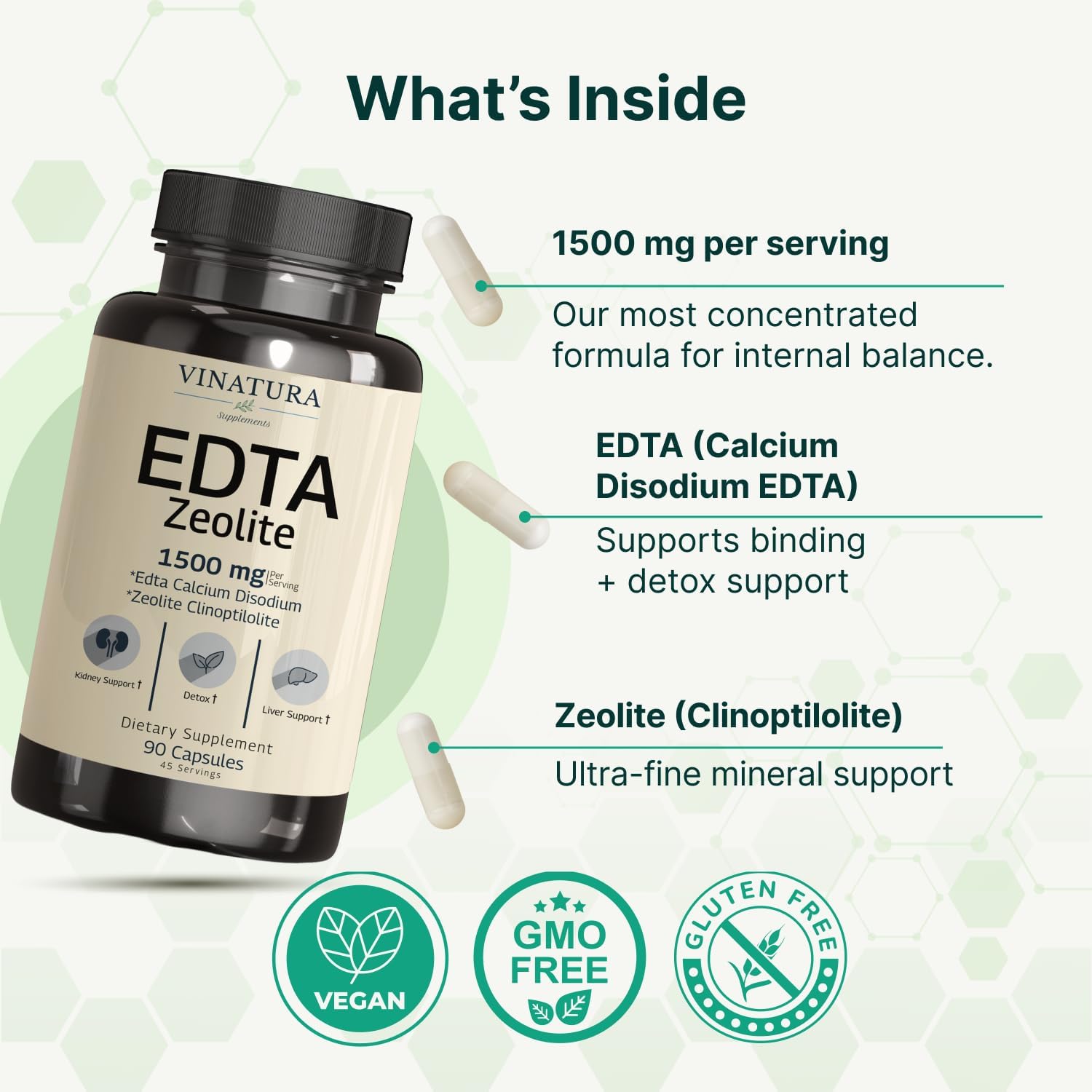 VINATURA EDTA Cápsulas 1500mg - Soporte Hepático con Zeolita - 90 Cápsulas