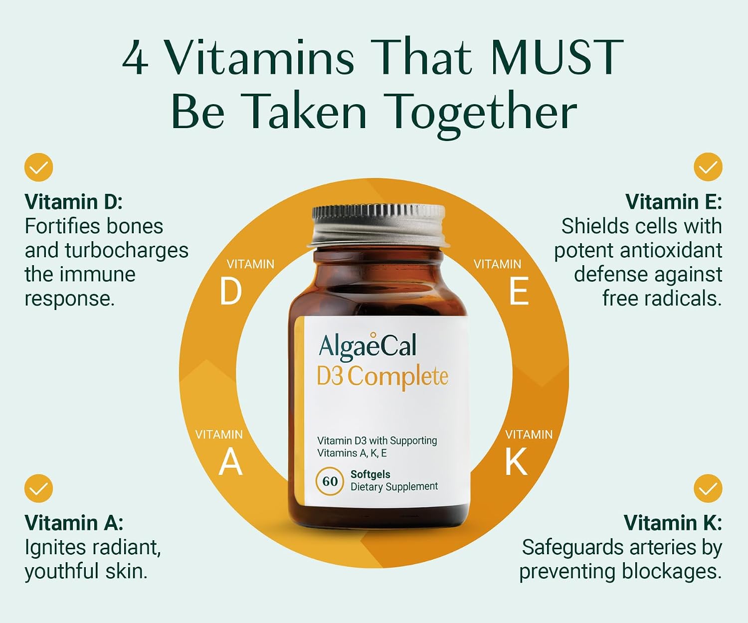 ALGAECAL D3 Complete - Combinación de Vitamina D3, K2, A y E, 180 Cápsulas Blandas (3 Envases)