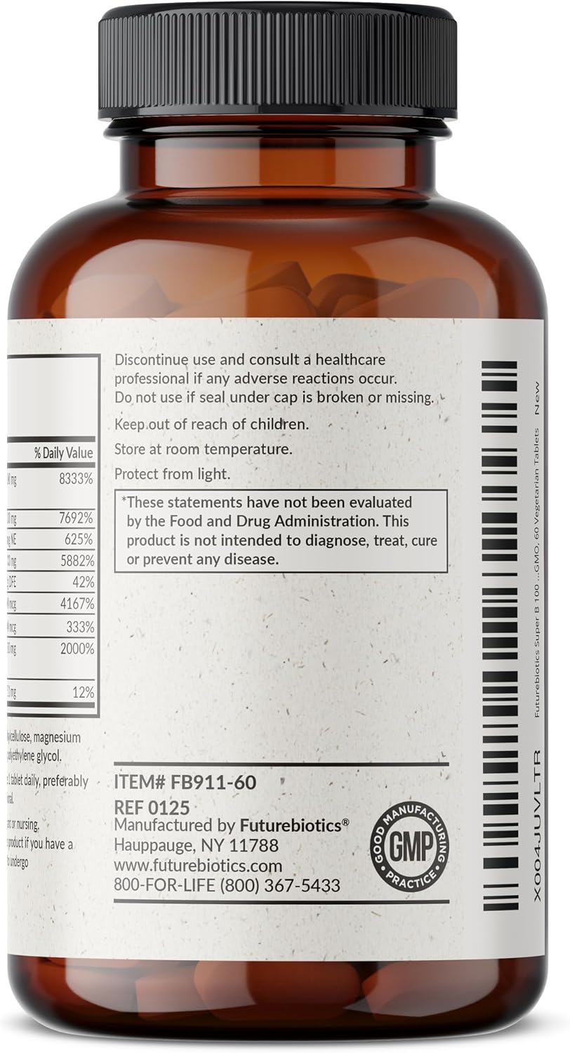 Futurebiotics Super B 100 Liberación Sostenida Complejo de Vitaminas B No Transgénico, 60 Comprimidos Vegetarianos