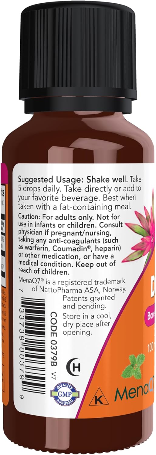 NOW Foods Vitamina D3 y K2 Líquido - 2500 UI D3 + 100 mcg K2 por 5 gotas - 30 ml