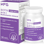 KFG Biotin 10000mcg, Multivitamínico para Mujer con Queratina, Colágeno, Calcio, Niacinamida y Vitaminas A, B, D, C, E - 100 Comprimidos